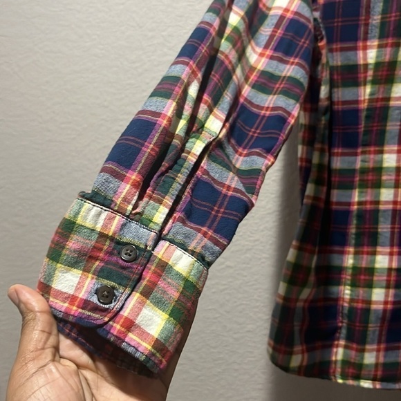 Eddie Bauer Flannel Shirt Women M Navy Blue Pink Plaid Pockets 100% Cotton - Picture 7 of 8